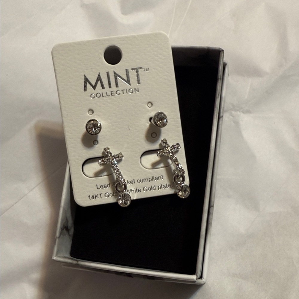 Mint Collection 14K Gold and White Gold Plated Cross Dangle Pierced Earrings
